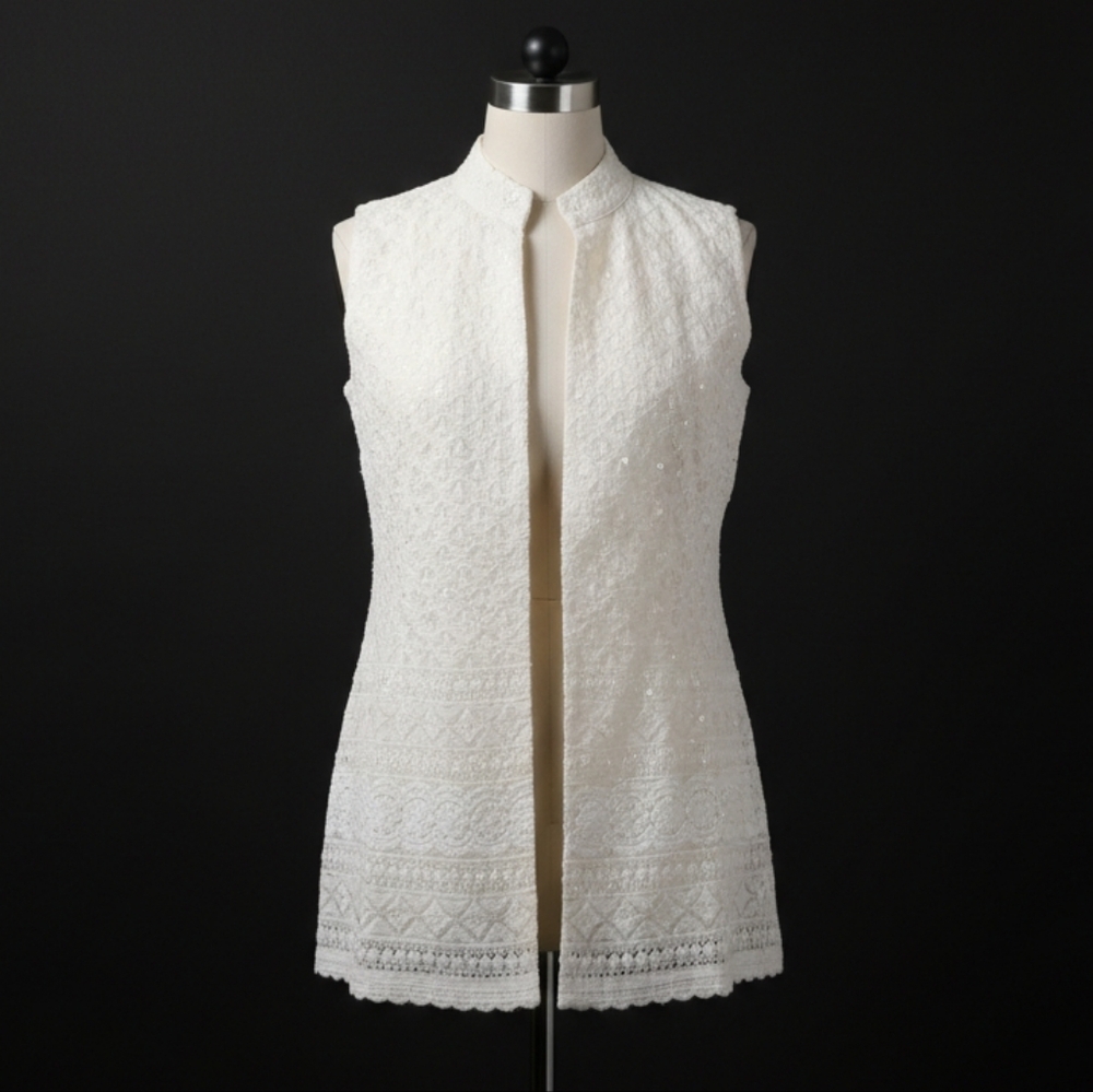 New Off-White Chikankari open Vest - Embroidered Work Nehru Jacket